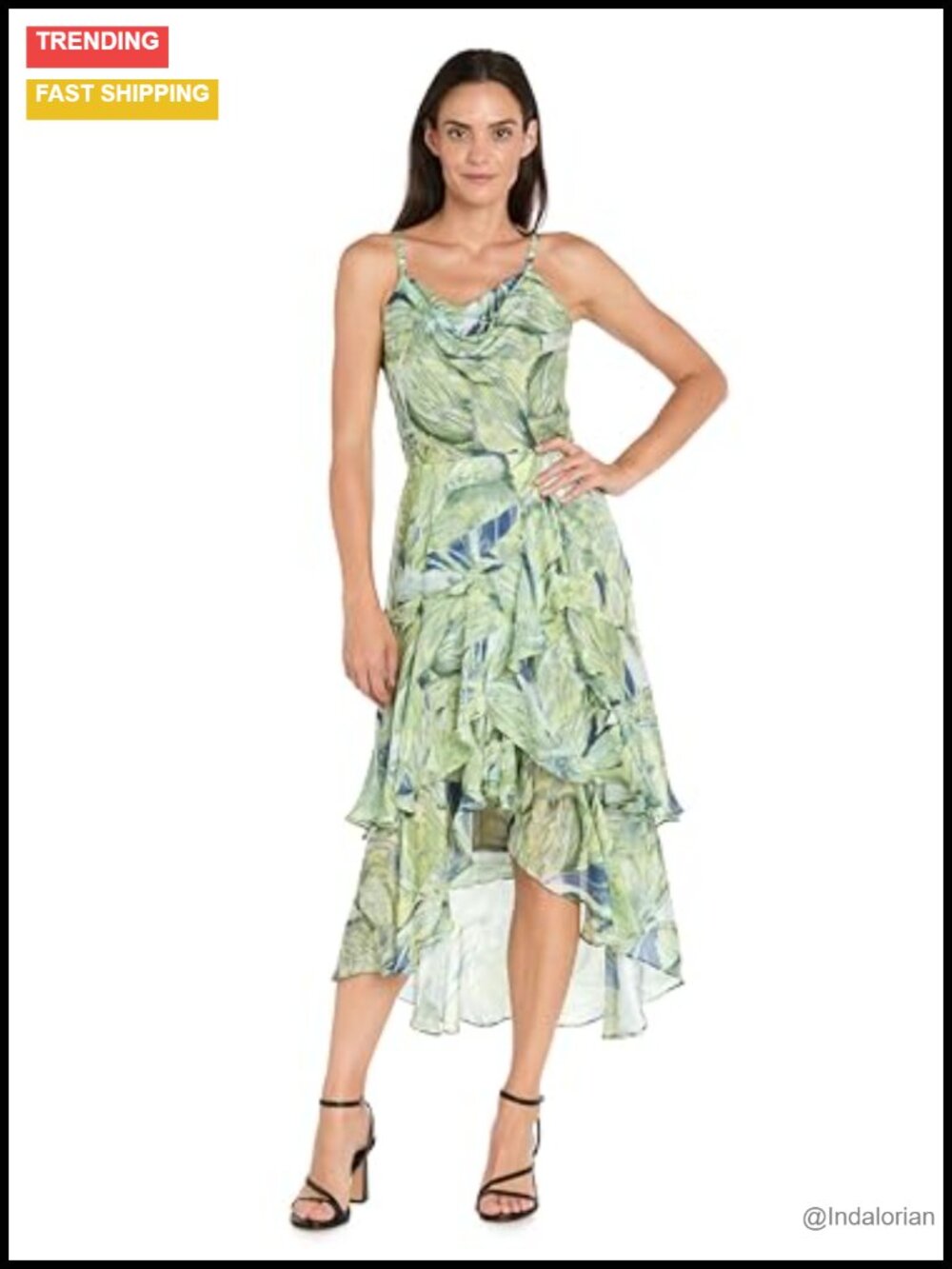High-Low Chiffon Midi Dress with Draped Cowl Neck & Tiered Ruffle Skirt
